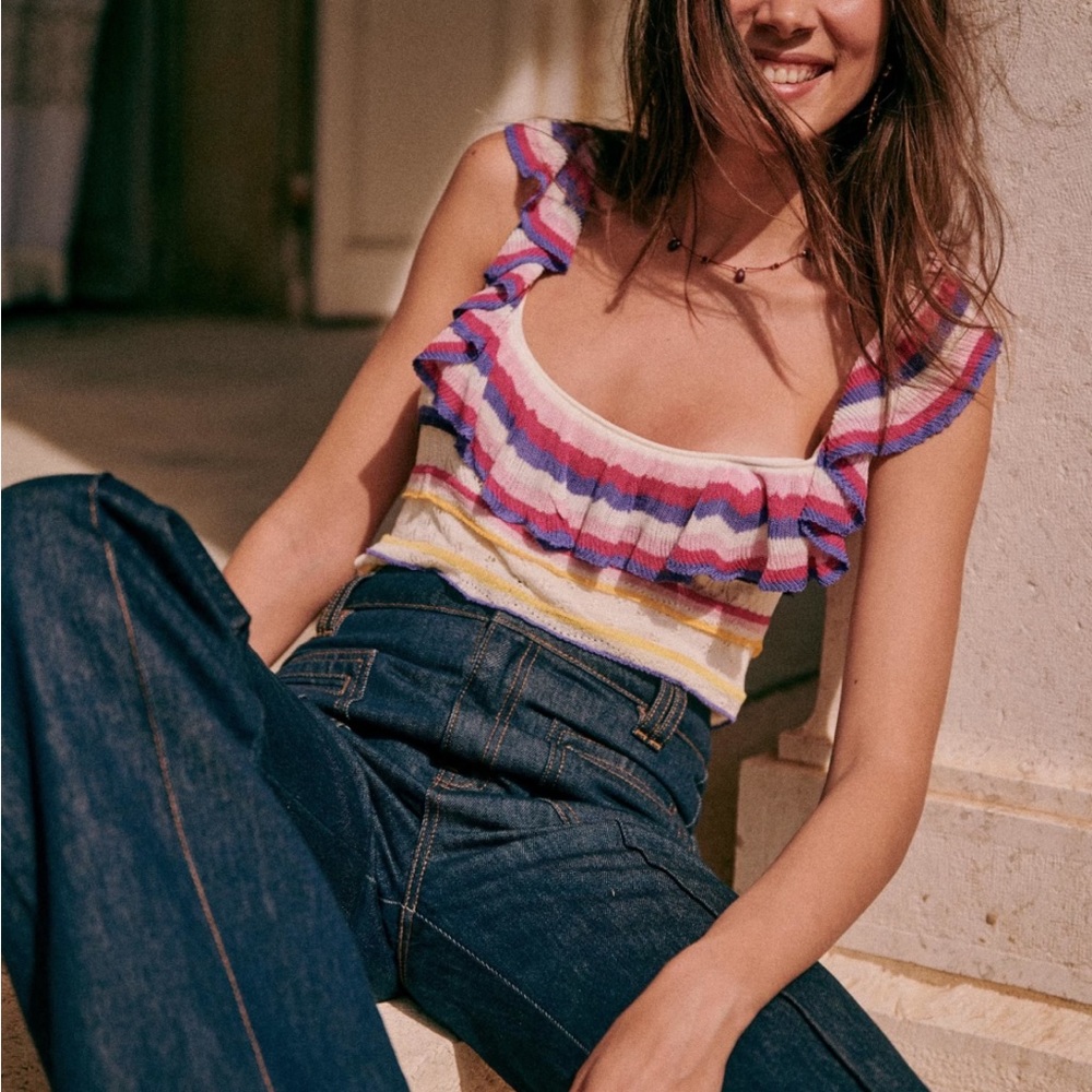 Sezane Ribbed Ruffle Stripe Tank in Pink, Purple, Yellow, White